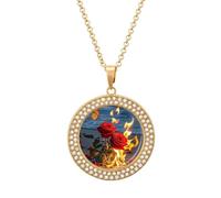 VIDI Pendant Necklace for Women Burning Roses Diamond Disc Charm Necklace with 19.7 Inch Chain, Round Sparkling Crystal Necklaces Jewelry for Party, Date & Christmas Gifts, One size, Zinc, Diamond
