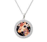 VIDI Pendant Necklace for Women Colorful Artistic Giraffe Diamond Disc Charm Necklace with 19.7 Inch Chain, Round Sparkling Crystal Necklaces Jewelry for Party, Date & Christmas Gifts, One Size, Zinc