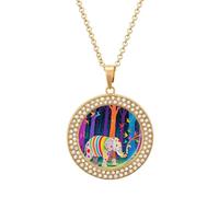 VIDI Pendant Necklace for Women Colorful Forest Elephant Diamond Disc Charm Necklace with 19.7 Inch Chain, Round Sparkling Crystal Necklaces Jewelry for Party, Date & Christmas Gifts, One Size, Zinc