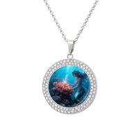 VIDI Pendant Necklace for Women Coral Mermaid Diamond Disc Charm Necklace with 19.7 Inch Chain, Round Sparkling Crystal Necklaces Jewelry for Party, Date & Christmas Gifts, One Size, Zinc, Diamond