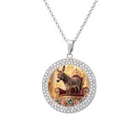 VIDI Pendant Necklace for Women Donkey on Gem Throne Diamond Disc Charm Necklace with 19.7 Inch Chain, Round Sparkling Crystal Necklaces Jewelry for Party, Date & Christmas Gifts, One size, Zinc