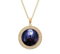 VIDI Pendant Necklace for Women Obsidian Crown & Moonlight Diamond Disc Charm Necklace with 19.7 Inch Chain, Round Sparkling Crystal Necklaces Jewelry for Party, Date & Christmas Gifts, One Size, Zinc