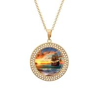 VIDI Pendant Necklace for Women Pirate Ship in The Sunset Diamond Disc Charm Necklace with 19.7 Inch Chain, Round Sparkling Crystal Necklaces Jewelry for Party, Date & Christmas Gifts, One size, Zinc