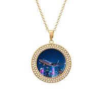 VIDI Pendant Necklace for Women Plane Flying over The City Diamond Disc Charm Necklace with 19.7 Inch Chain, Round Sparkling Crystal Necklaces Jewelry for Party, Date & Christmas Gifts, One Size, Zinc