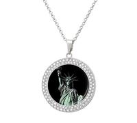 VIDI Pendant Necklace for Women Statue of Liberty Pattern Diamond Disc Charm Necklace with 19.7 Inch Chain, Round Sparkling Crystal Necklaces Jewelry for Party, Date & Christmas Gifts, One Size, Zinc