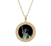 VIDI Pendant Necklace for Women Statue of Liberty Pattern Diamond Disc Charm Necklace with 19.7 Inch Chain, Round Sparkling Crystal Necklaces Jewelry for Party, Date & Christmas Gifts, One Size, Zinc