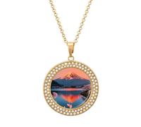 VIDI Pendant Necklace for Women Sunset Fuji Reflection Diamond Disc Charm Necklace with 19.7 Inch Chain, Round Sparkling Crystal Necklaces Jewelry for Party, Date & Christmas Gifts, One Size, Zinc