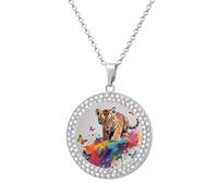 VIDI Pendant Necklace for Women Tiger & Flying Colors Diamond Disc Charm Necklace with 19.7 Inch Chain, Round Sparkling Crystal Necklaces Jewelry for Party, Date & Christmas Gifts