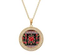 VIDI Pendant Necklace for Women Ukrainian Embroidery Style Rose Diamond Disc Charm Necklace with 19.7 Inch Chain, Round Sparkling Crystal Necklaces Jewelry for Party, Date & Christmas Gifts, One Size
