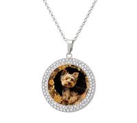 VIDI Pendant Necklace for Women Yorkshire Terrier in The Cave Diamond Disc Charm Necklace with 19.7 Inch Chain, Round Sparkling Crystal Necklaces Jewelry for Party, Date & Christmas Gifts, One Size