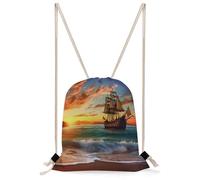 VIDI Pirate Ship in The Sunset Drawstring Backpack Canvas String Bag Sports Sackpack Gym Sack for Men Women