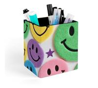 VIDI Stars And Happy Face Patterns Pen Holder for Desk Large Capacity Pencil Cup Organizer Leather Makeup Brush Holders Square Desk Pen Holder for Office, Classroom, Home