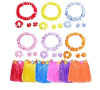Vidillo Hawaiian Fancy Dress Set with 6Pcs Leis, 6Pcs 40cm Hula Grass Skirt, 6Pcs Headbands and 12Pcs Wristbands Costume Skirt for Girls Women Hawaii Luau Beach Decorations (30Pcs), 120 x 190 cm