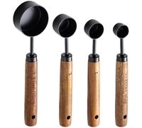 Vidonergy 8 Piece Measuring Cups And Spoons, Stainless Steel Golden Black Finish Measuring Spoons W/Walnut Handle For Kitchen Dry And Liquid Ingredients (T)