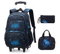 VIDOSCLA 3Pcs Teen Boys Galaxy Rolling Backpack Sets Elementary School Wheeled Backpack Carry-on Luggage BookBag with Wheels