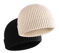 vidsel Short Fisherman Beanie for Men Women, Swag Wool Knit Cuff Trawler Skullcap,Winter Warm Hats, 2pcs-black,beige, 6-7 3/8