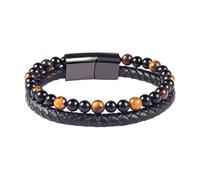 Vidsmow Men's Bracelets Leather for Dad, Son & Brother,Multi-Layer Genuine Cowhide Wristband with Natural Tiger Eye Stone and 9mm Lava Rock Beads, Hypoallergenic Stainless Steel