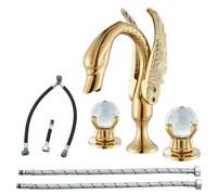 Vidugg Widespread Bathroom Facuet Gold Swan Bathroom Sink Faucet 3 Hole 2 Handle Crystal Bathroom Vanity Faucets Modern Faucet Bathroom Sink High Arc Waterfall Lavatory Basin Sink Faucet