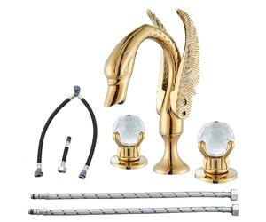 Vidugg Widespread Bathroom Facuet Gold Swan Bathroom Sink Faucet 3 Hole 2 Handle Crystal Bathroom Vanity Faucets Modern Faucet Bathroom Sink High Arc Waterfall Lavatory Basin Sink Faucet