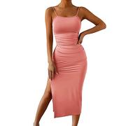 VIDUSSA Backless Bodycon Midi Dress for Women Elegant Spaghetti Straps Sleeveless Split Casual Clubbing Party Long Dress Pink XXL