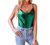VIDUSSA Sparkly Tops for Women Cowl Neck Glitter Vest Top Spaghetti Strap Cami Tank Shirt Blouse Green XXL