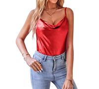 VIDUSSA Sparkly Tops for Women Cowl Neck Glitter Vest Top Spaghetti Strap Cami Tank Shirt Blouse Red XXL