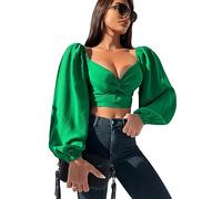 VIDUSSA Women’s V Neck Crop Tops Puff Long Sleeve Shirt Ladies Twisted Knot Front Casual Blouse Green L