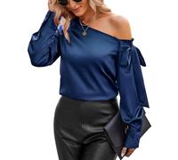 VIDUSSA Women's Silk Satin Shirt Blouse Long Sleeve Off The Shoulder Tops Ladies Casual Going Out Tops Navy Blue L