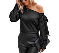 VIDUSSA Women's Silk Satin Shirt Blouse Long Sleeve Off The Shoulder Tops Ladies Casual Going Out Tops Black XXL