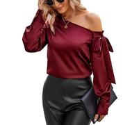 VIDUSSA Women's Silk Satin Shirt Blouse Long Sleeve Off The Shoulder Tops Ladies Casual Going Out Tops Wine Red XXL