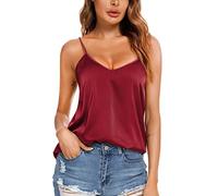 VIDUSSA Womens Silk Satin Tank Tops V Neck Casual Cami Sleeveless Camisole Blouses Summer Basic Tank Shirt, Wine Red, XXL