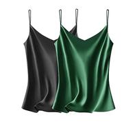 VIDUSSA Womens Silky Satin Vest Tops Pack V Neck Spaghetti Strap Loose Sleeveless Cami Tank Shirt Blouses 2 Pack Black+Green M