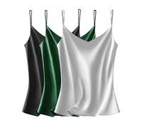 VIDUSSA Womens Silky Satin Vest Tops Pack V Neck Spaghetti Strap Loose Sleeveless Cami Tank Shirt Blouses 3 Pack Black+Grey+Dark Green XL