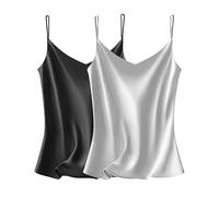 VIDUSSA Womens Silky Satin Vest Tops Pack V Neck Spaghetti Strap Loose Sleeveless Cami Tank Shirt Blouses 2 Pack Black+Gray M