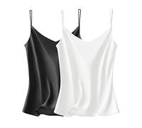 VIDUSSA Womens Silky Satin Vest Tops Pack V Neck Spaghetti Strap Loose Sleeveless Cami Tank Shirt Blouses 2 Pack Black+White M