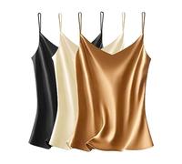 VIDUSSA Womens Silky Satin Vest Tops Pack V Neck Spaghetti Strap Loose Sleeveless Cami Tank Shirt Blouses 3 Pack Black+Champagne+Khaki L