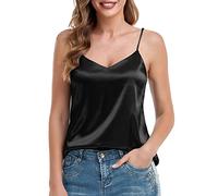 VIDUSSA Womens V Neck Vest Tops Summer Satin Camisole Sleeveless Casual Tank Shirt Black S