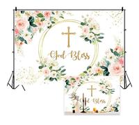 Vie Savaran 10x6.5ft God Bless Backdrops for Photography Mi Bautizo Baptism First Communion Gold Cross Blooming Pink Flowers Christian Christening Banners for Easter Baby Shower Newborn Church Events