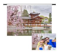 Vie Savaran 10x8ft Japanese Scenery Backdrop, Spring Blomming Pink Cherry Blossom Sakura Tree River Vintage Building Tokyo Landscape Photo Background for Birthday Wedding Bridal Travel Portrait
