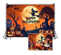 Vie Savaran 7x5ft Halloween Graveyard Backdrop Scary Flying Witch Bats Under The Full Moon Halloween Party Pumpkin Decorations Banner for Home Wall Window Door Yard Porch Garage Indoor Outdoor