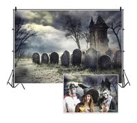 Vie Savaran 7x5ft Halloween Scary Cemetery Backdrop Gloomy Tombstone Haunted House Under The Dark Clouds Banner Spooky Forest Background for Ghost Party Haunted House Door Window Wall Decoration