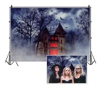 Vie Savaran 7x5ft Horror Haunted House Backdrop Scary Ghost Castle Flying Bats in The Misty Forest Background Gloomy Woods Trees Banner for Halloween Ghost Party Door Window Wall Porch Decoration