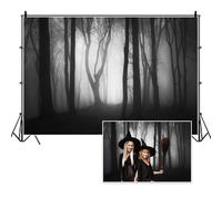 Vie Savaran 7x5ft Misty Dark Forest Backdrop Halloween Gloomy Haunted Woods Background Spooky Foggy Trees Photo Banner for Birthday Family Party Ghost House Door Window Wall Decoration