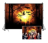 Vie Savaran 7x5ft Orange Halloween Photography Backdrop Scary Twilight Bats Witch Flying Under The Sunset Horror Forest Cemetery Background for Haunted House Ghost Party Door Window Wall Decoration