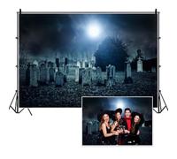 Vie Savaran 8x6ft Halloween Gloomy Graveyard Backdrop Scary Tombstone Under The Dark Night Moonlight Creepy Cemetery Banner for Ghost Party Haunted House Door Window Wall Porch Garage Decoration