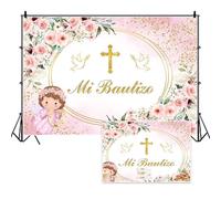 Vie Savaran 8x6ft Mi Bautizo Baptism Backdrop God Bless First Holy Communion Girls Gold Cross Pink Flowers Pigeon Lord Pray Photography Background for Christening Easter Baby Shower Newborn Church