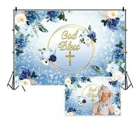 Vie Savaran 9x6ft Baptism Backdrops God Bless Crucifixion Blue Floral Glitter Sequins Sanctuary Decor Our Lord Jesus Banners for Christening Ceremony Baby Shower Church Event Christmas Easter Party