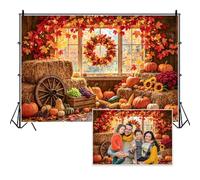 Vie Savaran Autumn Backdrop 7x5ft Barn Fall Harvest Pumpkin Wooden Window Maple Leaves Wreath Hay Haystack String Lights Rustic Country Photography Background Farmhouse Thanksgiving Day Party Decor