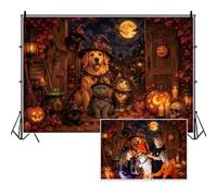 Vie Savaran Halloween Backdrop 7x5ft Cute Pet Dog Cat Pumpkin Lantern Witch Hat Full Moon Bat Skull Maple Leaves Wooden Floor Magic Town Night Photography Background Trick or Treat Birthday Party