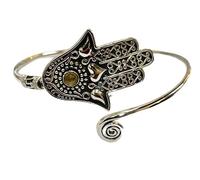 VIE Silver Plated Adjustable Hamsa Spiral Cuff Bangle (Rose Quartz)